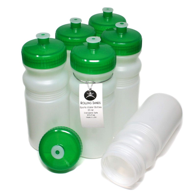 Rolling Sands USA Made 20 Ounce Sports Water Bottles - 6-Pack BPA-Free Blank Sports Bottles for Small Teams, Adults & Kids - Clear Frost Bottle/Green Lid, No Smell No Taste - Image 1